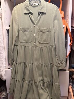 Zara Olive Green Long Sleeve Tiered Shirt Dress